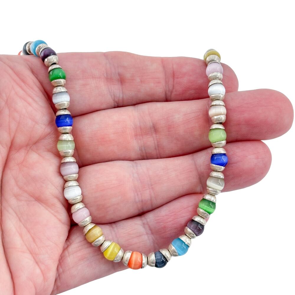 Vintage Heavy 33.7g Sterling Silver 925 Multicolor Glass Beaded Necklace 16"